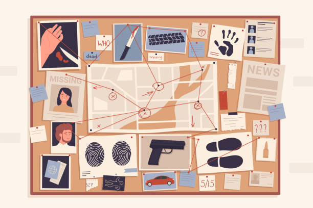 Crime evidence board with pins and red thread connecting scheme to investigate murder Crime evidence board with pins and red thread connecting scheme vector illustration. Cartoon detective investigation pinboard with paper map, photos and pictures to investigate murder background cork board string stock illustrations