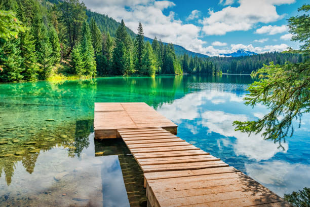 Jetty at the Valley of the Five Lakes in Jasper National Park, Canadian Rockies near Jasper, Alberta.