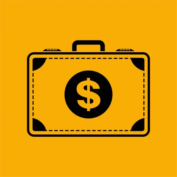 Vector illustration of Money suitcase icon on yellow background.
