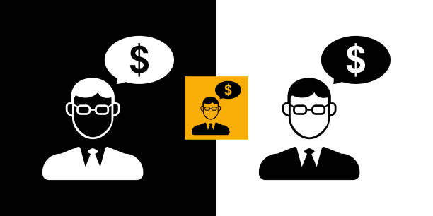 człowiek mówi o pieniądzach, inwestycjach, pożyczkach, wymianie handlowej... - silhouette black and white glasses digitally generated image stock illustrations