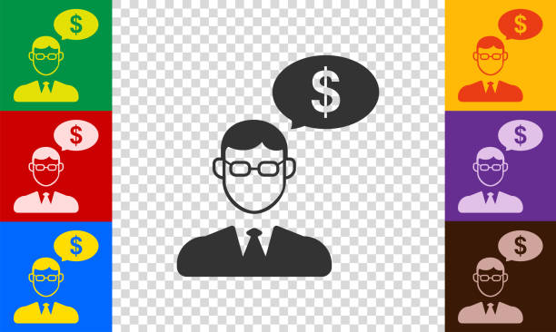 człowiek mówi o pieniądzach, inwestycjach, pożyczkach, wymianie handlowej... - silhouette black and white glasses digitally generated image stock illustrations