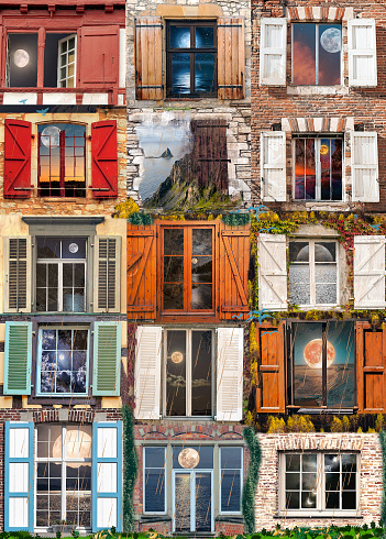 Collage of windows with view to the moon of wvwry worls