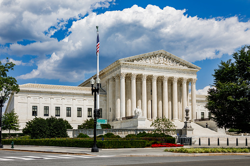 Exterior street view of the US Supreme Court building in Washington, DC on Capitol Hill