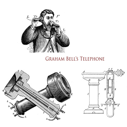 Early telephone patented by Alexander Graham Bell in 1876, the first practical telephone with the use of the telegraph system for the first long-distance calls