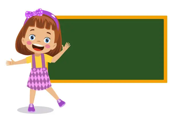 Vector illustration of cute boy pointing at the classroom board