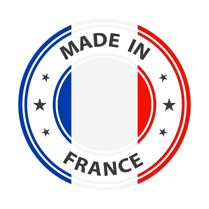 Made in France badge vector. Sticker with stars and national flag. Sign isolated on white background.