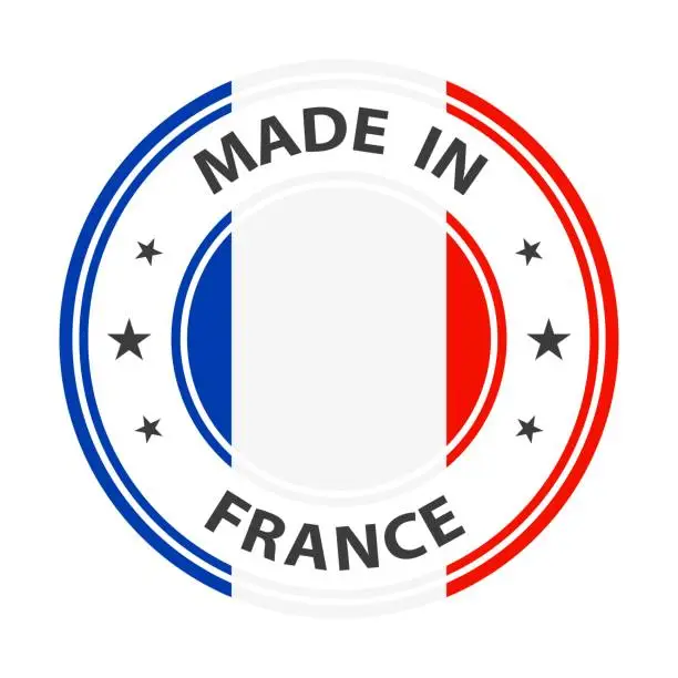 Vector illustration of Made in France badge vector. Sticker with stars and national flag. Sign isolated on white background.