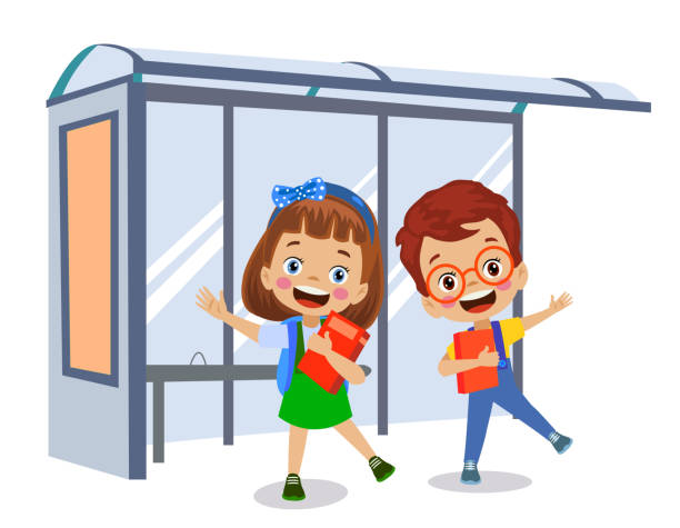 cute students waiting at the bus stop cute students waiting at the bus stop school bus stop stock illustrations