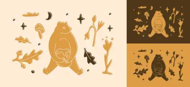 Vector illustration of Magic linocut wild bear clipart set. Folk art nature collection. Forest and garden elements. Wild nature vector illustration.