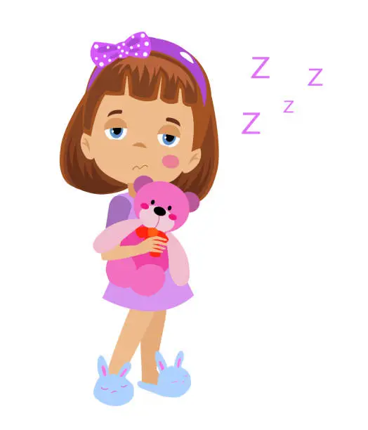 Vector illustration of sleepy cute girl with teddy bear in her arms