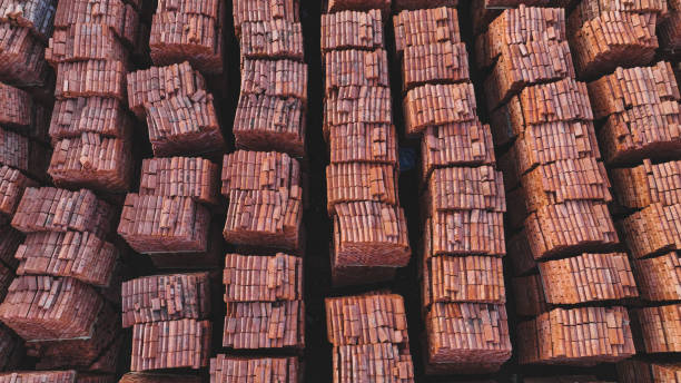 Pallets of bricks for construction. Outdoor storage. Warehousing of large quantities of bricks. Aerial view stock photo