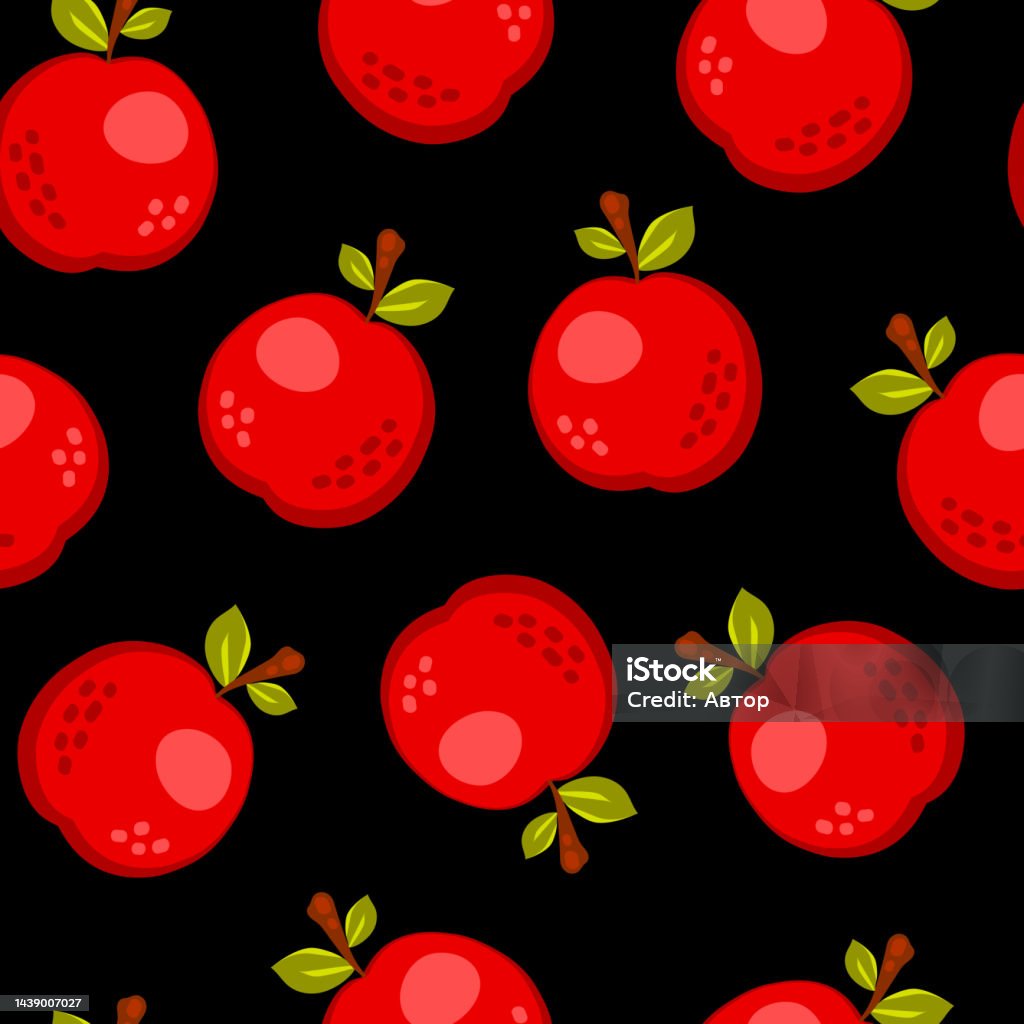 Ilustración de Dibujo Animado Rojo De Manzana Sin Costuras Patrón Aislado Sobre Fondo Negro Garabatear Simple Vector Jugoso Comida Diseño De Envases De Zumos Plantilla De Estampado De Tela De Verano y Ilustración de Dibujo Animado Rojo De Manzana Sin Costuras Patrón Aislado Sobre Fondo Negro Garabatear Simple Vector Jugoso Comida Diseño De Envases De Zumos Plantilla De Estampado De Tela De Verano y