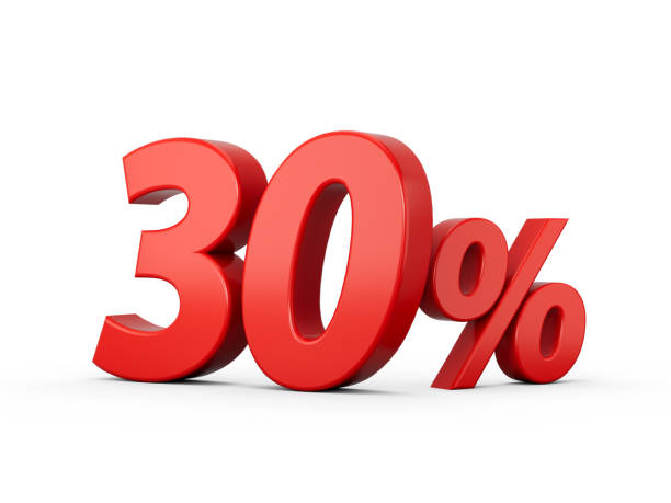 istock 3d Red 30% Thirty Percent Sign on White Background 3d illustration 1439007606
