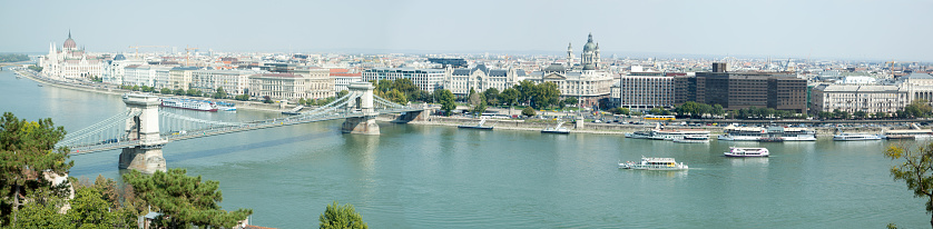 The panoramic view of Budapest old town waterfront by Danube River and a historic 19th century bridge (Hungary).