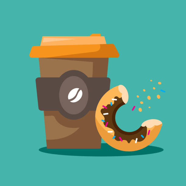 illustrazioni stock, clip art, cartoni animati e icone di tendenza di caffè da asporto e una ciambella. colazione in movimento. illustrazione vettoriale su sfondo isolato su bianco. - coffee bagel donut coffee cup