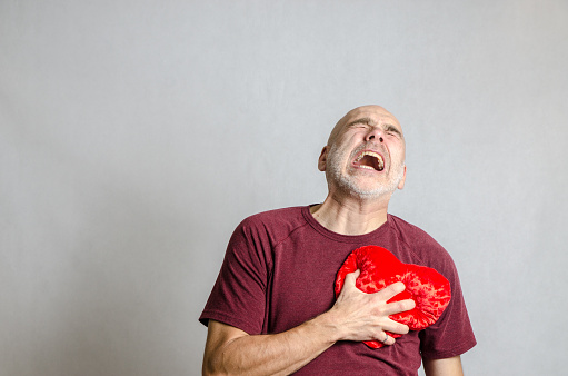 Mature man having heart attack and grabbing his red stuffed heart on his chest on gray background