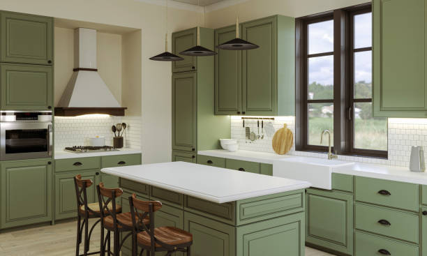 istock Modern style kitchen with light counter top with sink, hob, oven, kitchen utensils. There are drawers under the table top. 3D rendering. 1439011459