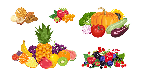 Set of heaps of fresh organic products. Fruits, vegetables, nuts and berries. Vector cartoon illustration.