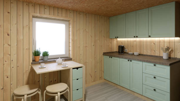 istock Light green kitchen in a wooden room. 3D rendering of a cozy small kitchen. 1439012057