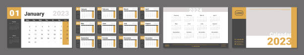 Set of 2023-2024 Calendar Planner Template, and cover with Place for Photo, Company Logo. Vector layout of a wall or desk simple calendar with week start monday in yellow and grey color for print Set of 2023-2024 Calendar Planner Template, and cover with Place for Photo, Company Logo. Vector layout of a wall or desk simple calendar with week start monday in yellow and grey color for print kalender stock illustrations