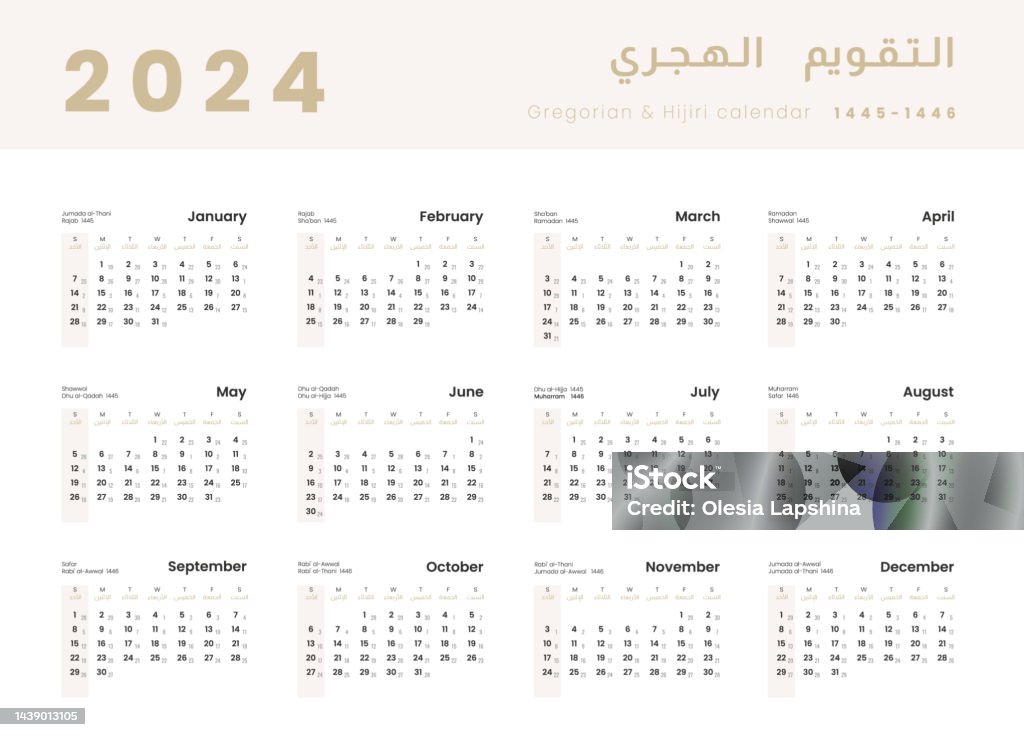 Hijri Islamic 14451456 And Gregorian Calendar For 2025 Vector Annual