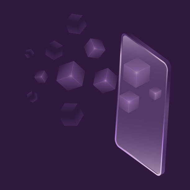 istock 3D neon mockup futuristic phone with cubes. Isometric vector illustration mobile telephone and cubes. 1439013416