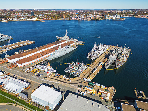 Aerial drone view of Canadian Navy dockyards.