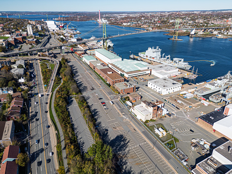 Aerial drone view of Canadian Navy dockyards.