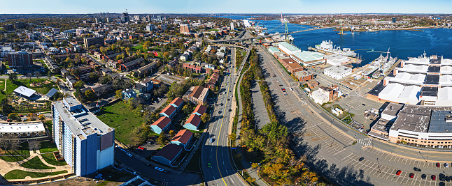 Aerial drone view of North End Halifax & Navy dockyards.