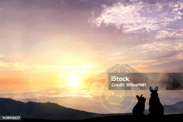 New Years Cardsilhouette Of A Jumping Businessman Mt Fuji And The First Sunrise Stock Photo - Download Image Now