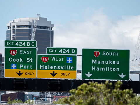 Directional traffic signs in Auckland city, New Zealand