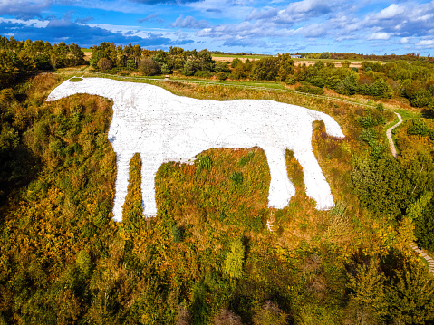 A white Horse, a hill figure cut into the hillside in the North York Moors National Park near Kilburn in North Yorkshire, England, UK