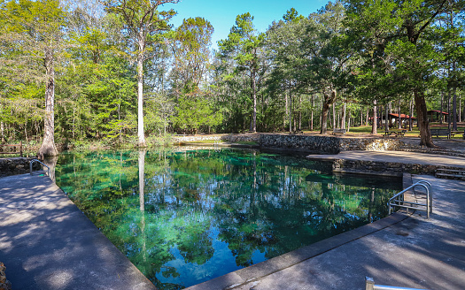 Ponce de Leon, Florida, United States – October 12, 2018: Ponce de Leon Springs State Park, Florida - October 2018: Ponce de Leon warm freshwater springs welcome swimmers and visitors inside the state park.