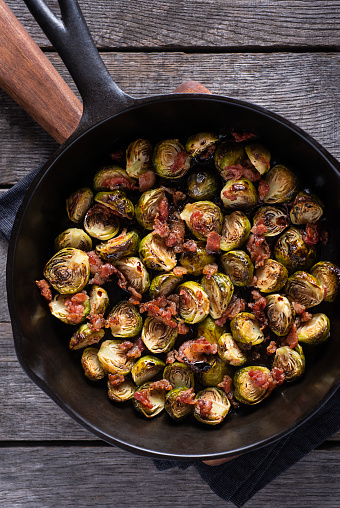 Roasted Brussels Sprouts with Bacon in a Cast Iron Skillet