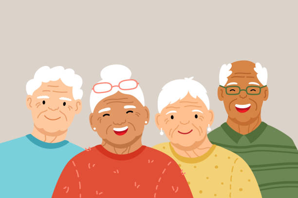 sekelompok orang tua senior yang tersenyum bahagia, generasi perak. - baby boomers ilustrasi stok