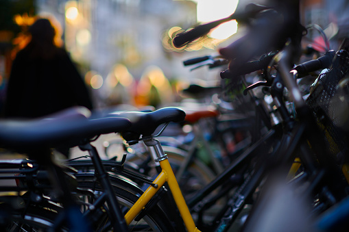 City life. Bicycles parked in the street