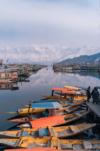 Srinagar, India – January 20, 2020: A view of the wooden boats in the port in Srinagar, India