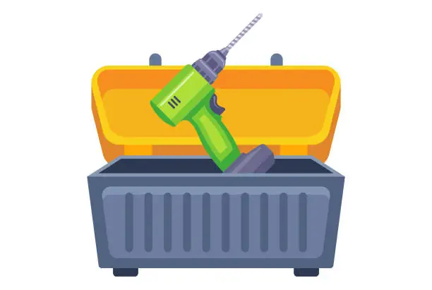 Vector illustration of drill in a plastic box with tools. flat vector illustration.