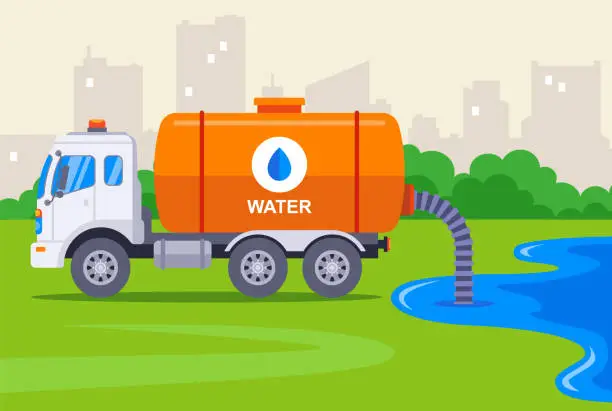 Vector illustration of the truck downloads water from the river from the hose into its barrel. flat vector illustration.