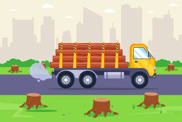 Vector illustration of truck transporting wood. meadow with stumps. flat vector illustration.