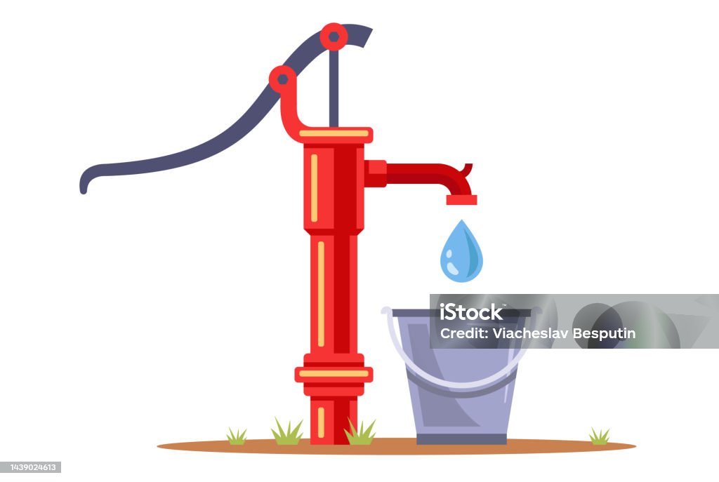 Bohrlochpumpe Pumpt Wasser In Einen Eimer Trinkwasser Sammeln