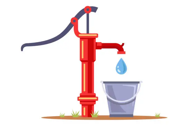 Vector illustration of borehole pump pumps water into a bucket. collect drinking water. flat vector illustration.