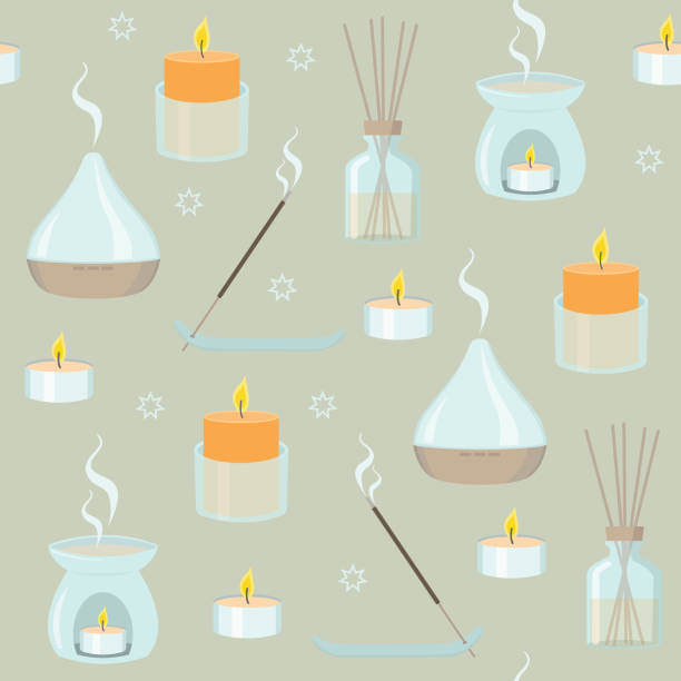 ilustrações, clipart, desenhos animados e ícones de aromaterapia padrão contínuo. difusores de aroma, velas perfumadas e bastões de incenso. - tea light candle relaxation lifestyles