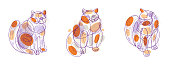 istock Nice cute cat linear vector illustrations set, line art drawings of pussycat relaxing, artistic outline minimal sketch of fat and lazy cats. 1439031707