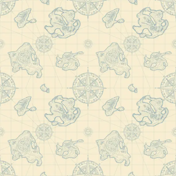 Vector illustration of seamless pattern map with hand-drawn islands and wind roses on sea