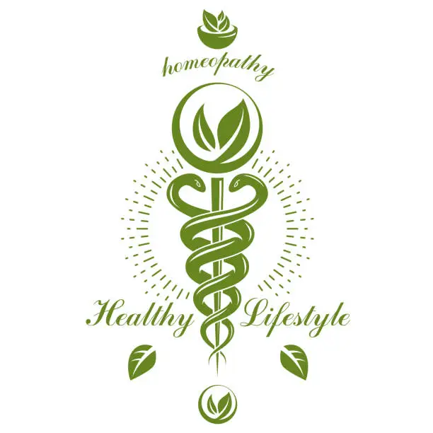 Vector illustration of Pharmacy Caduceus icon, vector medical logo for use in holistic medicine, rehabilitation or pharmacology. Homeopathy creative symbol composed with mortar and pestle.