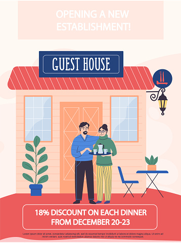 Announcement of discount for dinner in cafe. Opening of new guest house establishment concept poster