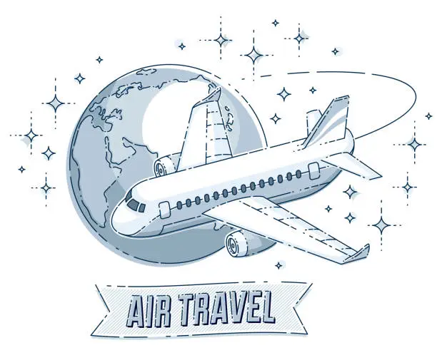 Vector illustration of Airlines air travel emblem or illustration with plane airliner, planet earth and ribbon with typing. Beautiful thin line vector isolated over white background.