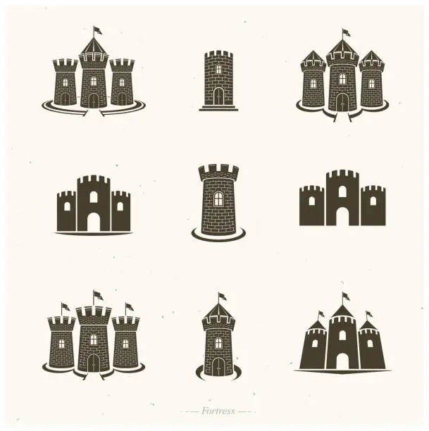 Vector illustration of Ancient Forts emblems set. Heraldic Coat of Arms decorative logos isolated vector illustrations collection.