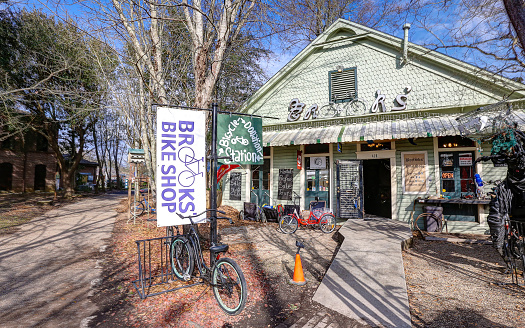 Covington, Louisiana, United States – February 12, 2018: Covington, Louisiana - February 2018: Brooks' Bike Shop serves cyclists at the Covington trailhead of the Tammany Trace Trail.